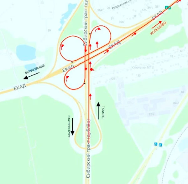 В Екатеринбурге перекрыли съезд с развязки дублера Сибирского тракта на ЕКАД в сторону Кольцово