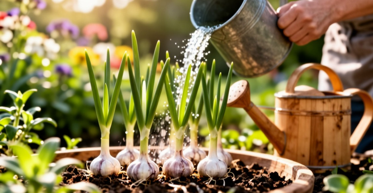 Чесноку в апреле — обязательно: 50 г на 10 л воды — побеги разрастаются как лес и не желтеют