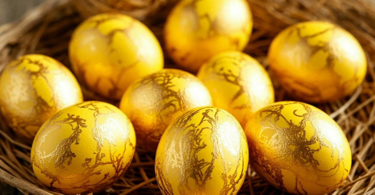10 минут — и солнечные яйца с золотым мерцанием к Пасхе готовы: шедевр праздничной корзинки, а делается проще простого